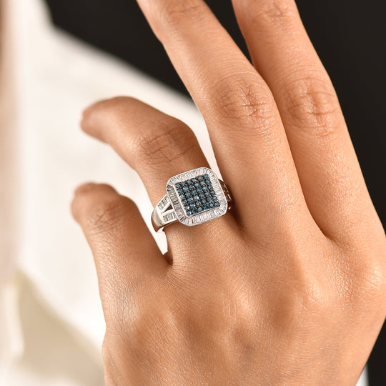 D'Joy Blauer Diamant, Weißer Diamant Ring 925 Silber rhodiniert (Größe 17.00) ca. 1,00 ct