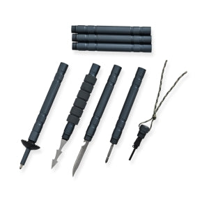 Garten-Multitool aus Aluminium und Edelstahl, Messer, Schraubendreher, Fischspeer und Feuerstein