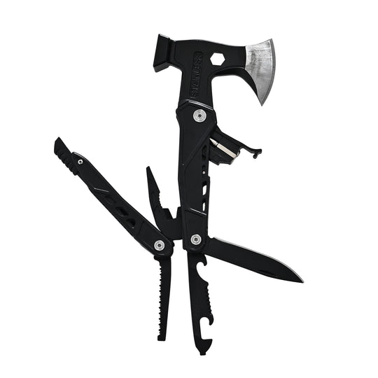 Edelstahl-Multitool, Messer, Säge, Schraubendreher, Gabel, Flaschenöffner und Feuerstein