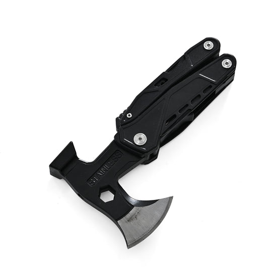 Edelstahl-Multitool, Messer, Säge, Schraubendreher, Gabel, Flaschenöffner und Feuerstein