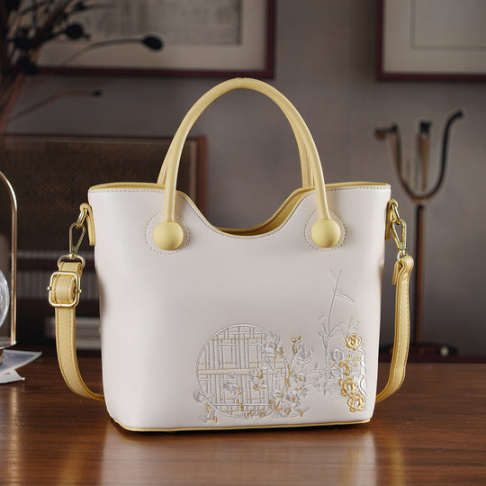 Kunstleder-Handtasche mit Tragegriffen und Umhängeriemen, florales Detail, Reißverschlussfächer, 30x22x11 cm, Grün/Creme
