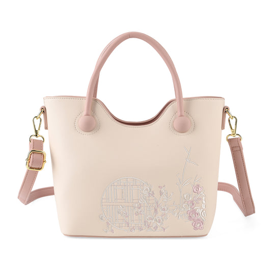 Kunstleder-Handtasche mit Tragegriffen und Umhängeriemen, florales Detail, Reißverschlussfächer, 30x22x11 cm, Grün/Creme