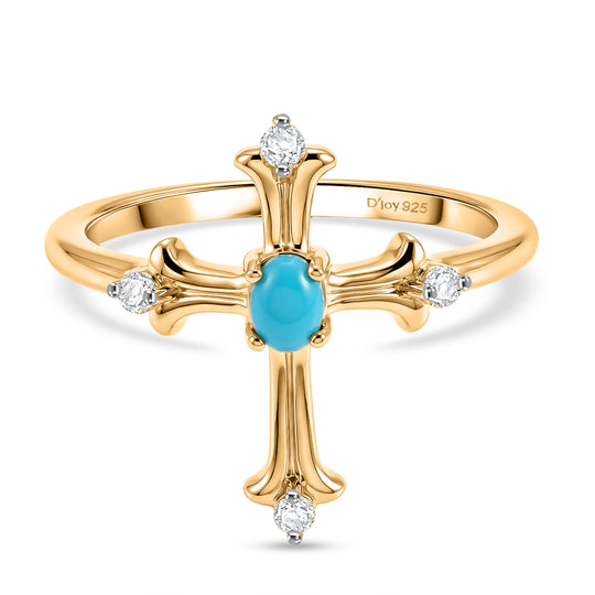 D'Joy AA Sleeping Beauty Türkis, Weißer Zirkon Ring 925 Silber 750 Vergoldet (Größe 21.00) ca. 0,31 ct