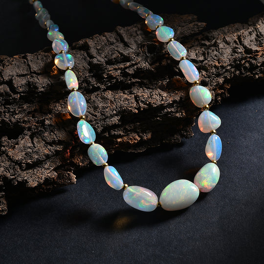 D'Joy AAA Natürlicher, äthiopischer Welo Opal Halskette ca. 45 cm 925 Silber 750 Gelbgold vermeil ca. 36,00 ct.