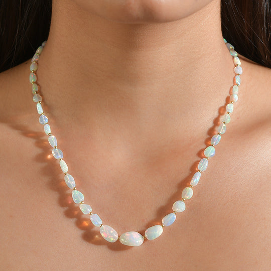 D'Joy AAA Natürlicher, äthiopischer Welo Opal Halskette ca. 45 cm 925 Silber 750 Gelbgold vermeil ca. 36,00 ct.