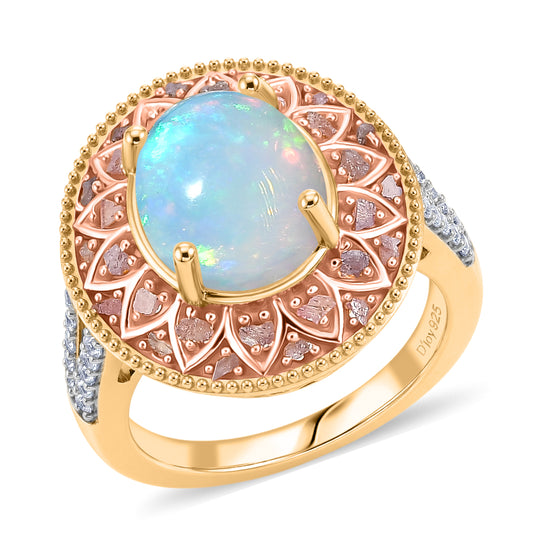 D'Joy AAA Natürlicher, äthiopischer Welo Opal, Natürlicher Rosa Diamant Ring 925 Silber 750 Gelbgold vermeil (Größe 18.00) ca. 3.12 ct