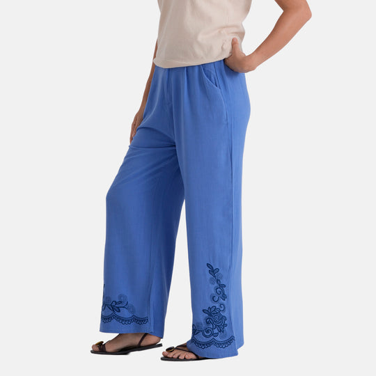 LA MAREY Leinenhose mit Stickerei, 70% Leinen und 30% Baumwolle, EU 38/40, Größe M, Dunkelblau