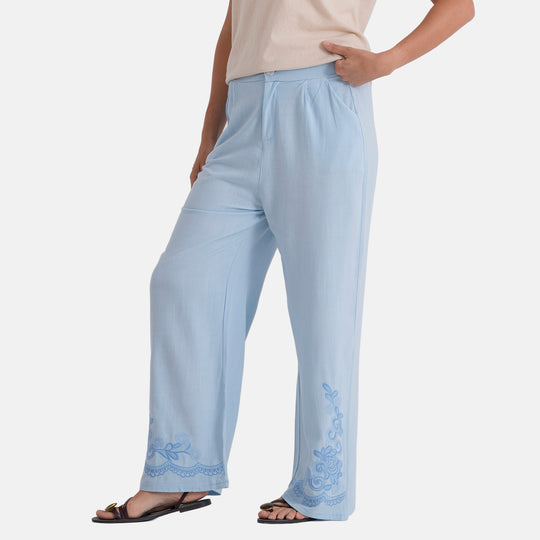LA MAREY Leinenhose mit Stickerei, 70% Leinen und 30% Baumwolle, EU 40/42, Größe L, Hellblau