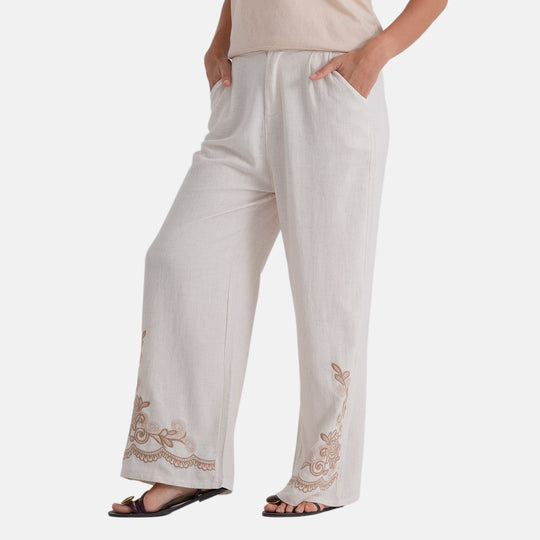 LA MAREY Leinenhose mit Stickerei, 70% Leinen und 30% Baumwolle, EU 38/40, Größe M, Beige