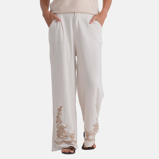 LA MAREY Leinenhose mit Stickerei, 70% Leinen und 30% Baumwolle, EU 38/40, Größe M, Beige
