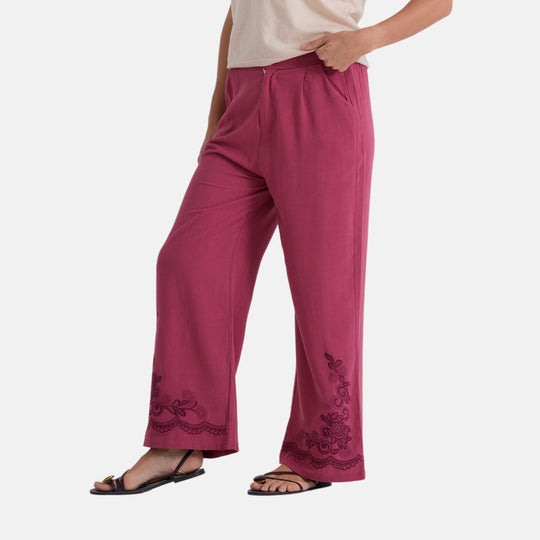 LA MAREY Leinenhose mit Stickerei, 70% Leinen und 30% Baumwolle, EU 40/42, Größe L, Burgunderrot