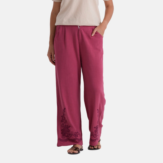 LA MAREY Leinenhose mit Stickerei, 70% Leinen und 30% Baumwolle, EU 40/42, Größe L, Burgunderrot