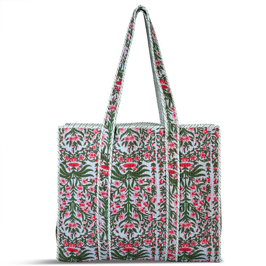 LIVMORE gesteppte Stoff-Shopper-Tasche mit Reißverschluss, botanisches Design, 45x43x15cm, Weiß-Grün
