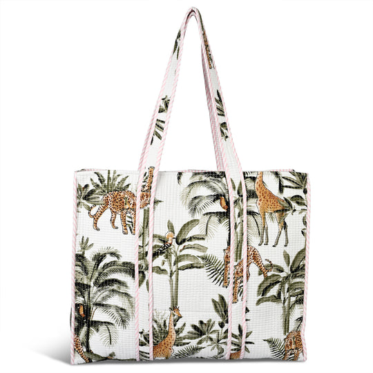 LIVMORE gesteppte Stoff-Shopper-Tasche mit Reißverschluss, botanisches Design, 45x43x15cm, Weiß-Grün