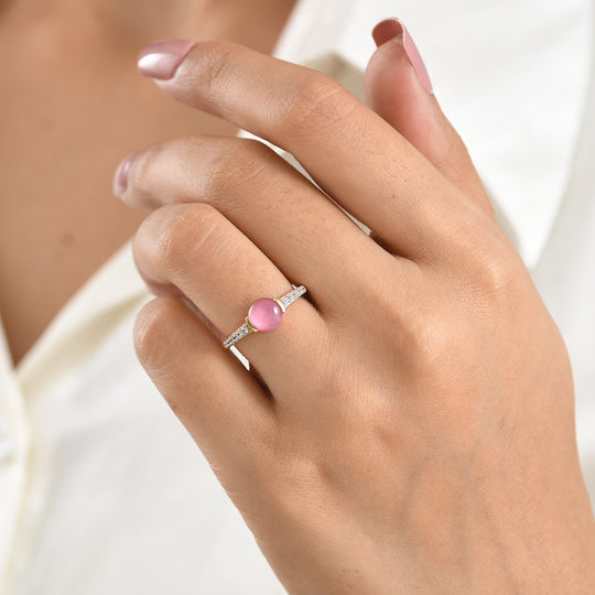 D'Joy Flamingo Mondstein, Weißer Zirkon Ring 925 Silber 750 Vergoldet (Größe 20.00) ca. 1,51 ct