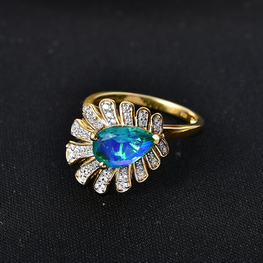 D'Joy Pfau Quarz Triplette, Weißer Zirkon Ring 925 Silber 750 Gelbgold vermeil (Größe 17.00) ca. 2,50 ct