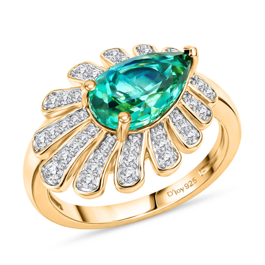 D'Joy Pfau Quarz Triplette, Weißer Zirkon Ring 925 Silber 750 Gelbgold vermeil (Größe 17.00) ca. 2,50 ct