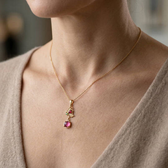 D'Joy Flamingo Mondstein, Natürlicher Rhodolith Granat Anhänger 925 Silber 750 Vergoldet ca. 1.66 ct