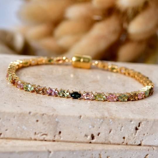 D'Joy AA Multi-Turmalin 20cm Eternity Armband, 925 Silber 750 Gelbgold Vermeil - 8,72 ct.