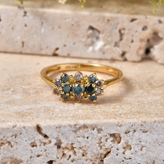 D'Joy Blauer Diamant, Grüner Diamant Ring 925 Silber 750 Gelbgold vermeil (Größe 21.00) ca. 0.51 ct