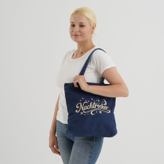 Shopper-Tasche mit Stickerei, Reißverschluss und Innenfach, 34x35cm, Dunkelblau