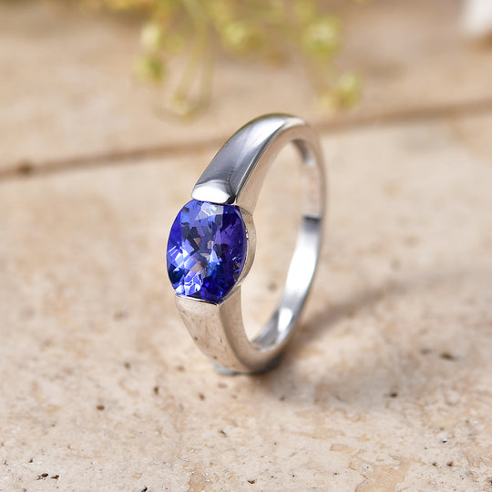 D'Joy Sehr Seltener Tansanit Ring 925 Silber Rhodiniert (Größe 19.00) ca. 1.65 ct