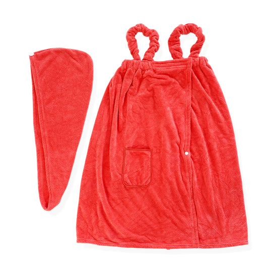 LIVMORE 2er-Set Plüsch-Badehandtuchkleid mit Trägern 140x82cm, Tasche und Haarturban, 260gsm 100% Polyester, Rosenrosa