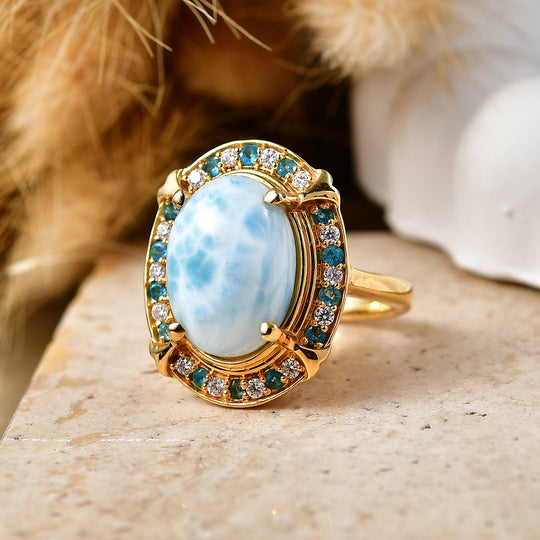 D'Joy Larimar, Neon Apatit Ring 925 Silber 750 Gelbgold vermeil (Größe 20.00) ca. 8,04 ct