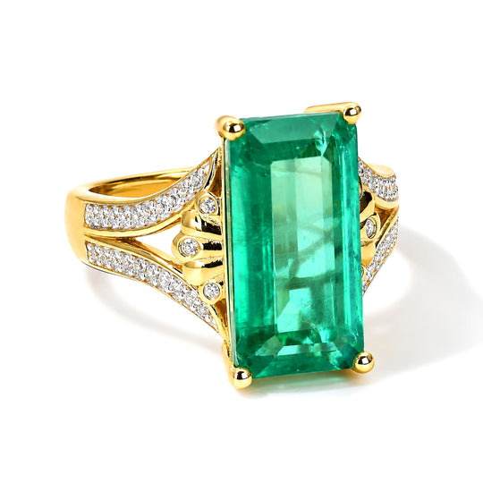 D'Joy Smaragd-Quarz Triplette, Weißer Zirkon Ring 925 Silber 750 Gelbgold vermeil (Größe 21.00) ca. 6,73 ct