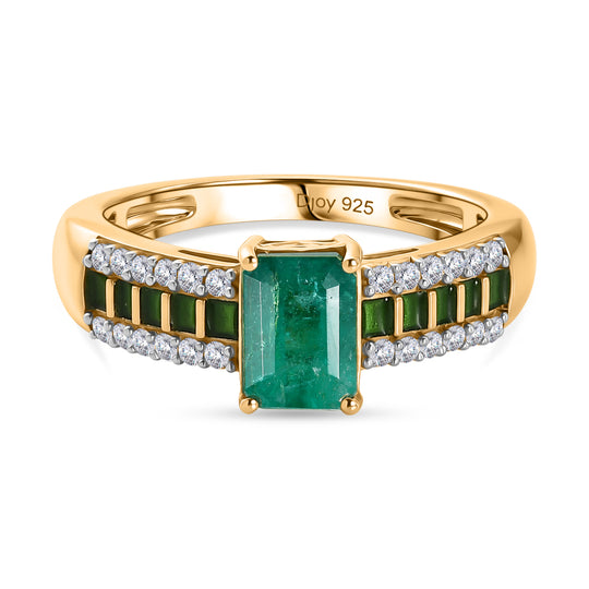D'Joy AAA Kagem Sambischer Smaragd, Moissanit Ring 925 Silber 750 Gelbgold vermeil (Größe 21.00) ca. 1.15 ct