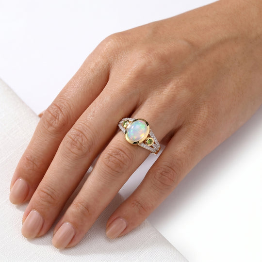 D'Joy AA Natürlicher, äthiopischer Welo Opal, Tsavorite Granat Ring 925 Silber 750 Gelbgold vermeil (Größe 17.00) ca. 1,49 ct