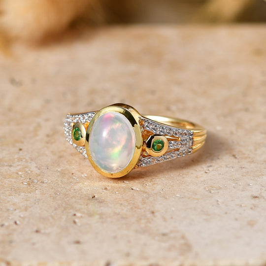 D'Joy AA Natürlicher, äthiopischer Welo Opal, Tsavorite Granat Ring 925 Silber 750 Gelbgold vermeil (Größe 17.00) ca. 1,49 ct