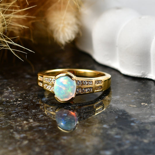 D'Joy AA Natürlicher, äthiopischer Welo Opal, Weißer Zirkon Ring 925 Silber 750 Vergoldet (Größe 17.00) ca. 1,21 ct