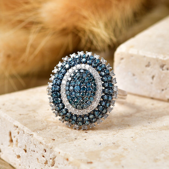 D'Joy Blauer Diamant Ring 925 Silber Rhodiniert (Größe 21.00) ca. 1,00 ct