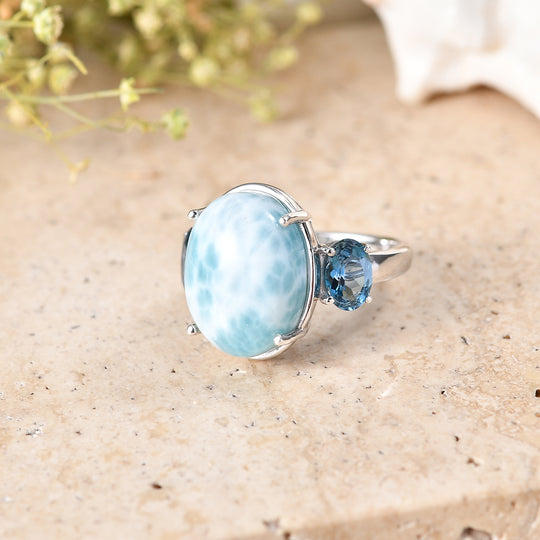 D'Joy AA Larimar, London Blau Topas Ring 925 Silber Rhodiniert (Größe 19.00) ca. 13,25 ct