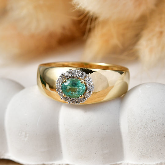 AAA Kagem Sambischer Smaragd (Oval), Weißer Zirkon Ring 925 Silber Gold (Größe 20.00) ca. 0.57 ct