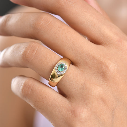 AAA Kagem Sambischer Smaragd (Oval), Weißer Zirkon Ring 925 Silber Gold (Größe 20.00) ca. 0.57 ct