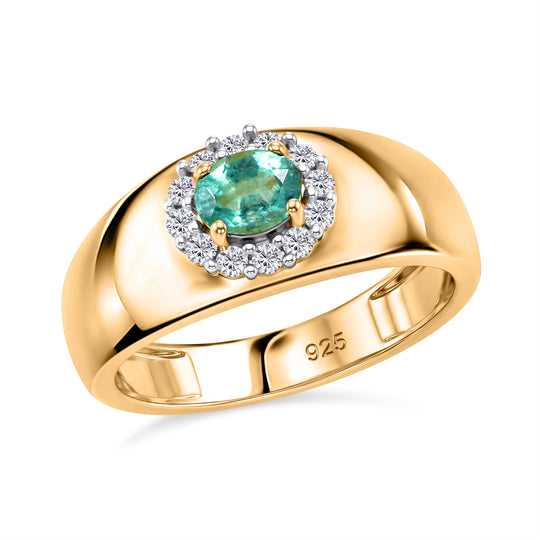 AAA Kagem Sambischer Smaragd (Oval), Weißer Zirkon Ring 925 Silber Gold (Größe 20.00) ca. 0.57 ct