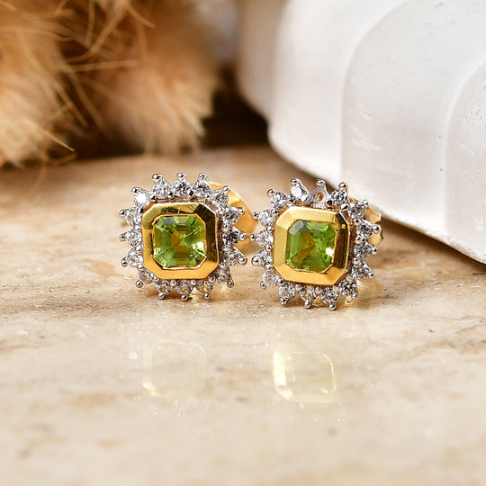 D'Joy AA Natürlicher Peridot, Weißer Zirkon Ohrringe 925 Silber Gold ca. 1.09 ct