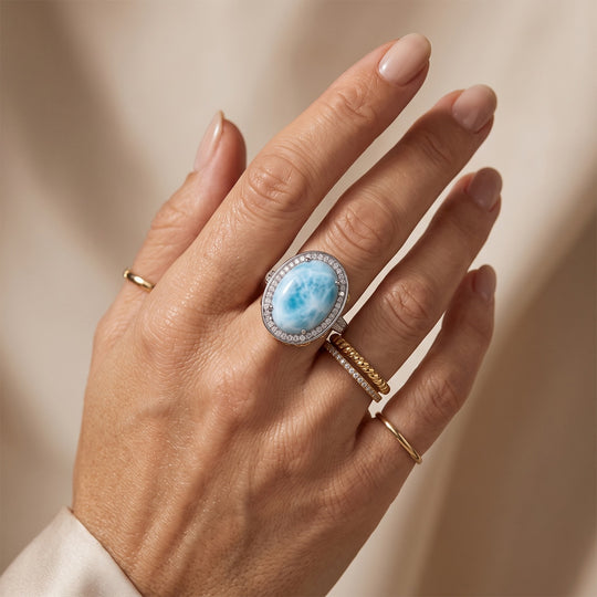 D'Joy AAA Larimar, Moissanit Ring 925 Silber Rhodiniert und 750 Gelbgold Vermeil (Größe 18.00) ca. 14,65 ct
