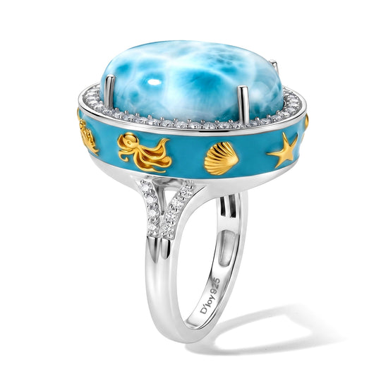 D'Joy AAA Larimar, Moissanit Ring 925 Silber Rhodiniert und 750 Gelbgold Vermeil (Größe 18.00) ca. 14,65 ct