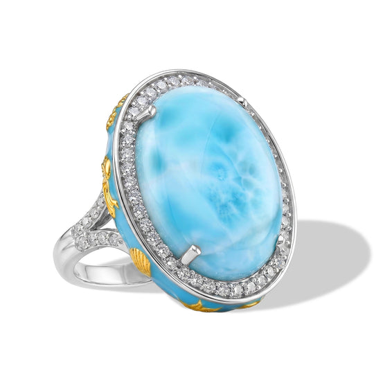 D'Joy AAA Larimar, Moissanit Ring 925 Silber Rhodiniert und 750 Gelbgold Vermeil (Größe 18.00) ca. 14,65 ct