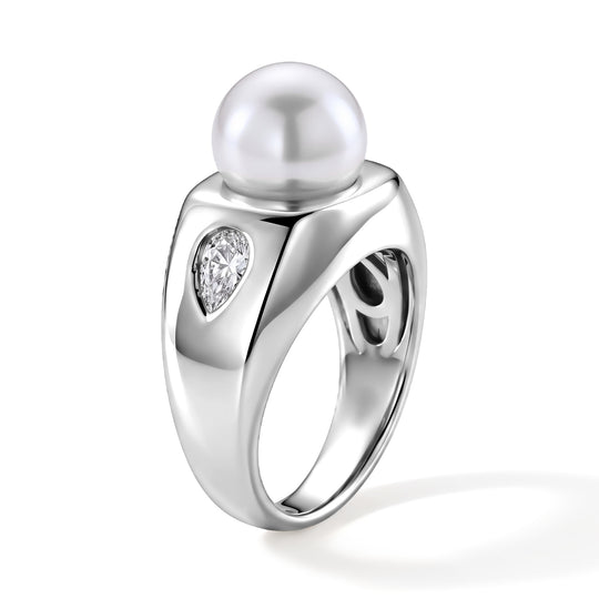 Weiße Muschelkernperle (10-10.5 mm), Weißer Zirkonia Ring Nickelfreies Messing Rhodiniert (Größe 20.00)