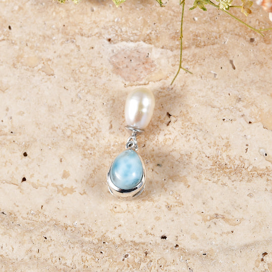 D'Joy Süßwasser Perle (8x6 mm), Larimar Anhänger 925 Silber Platiniert