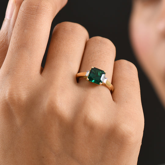 LUXURIANT AAA Labor Smaragd und SI-GH Labor Diamant Ring, 925 Silber 750 Gelbgold Vermeil - 2,25 ct.