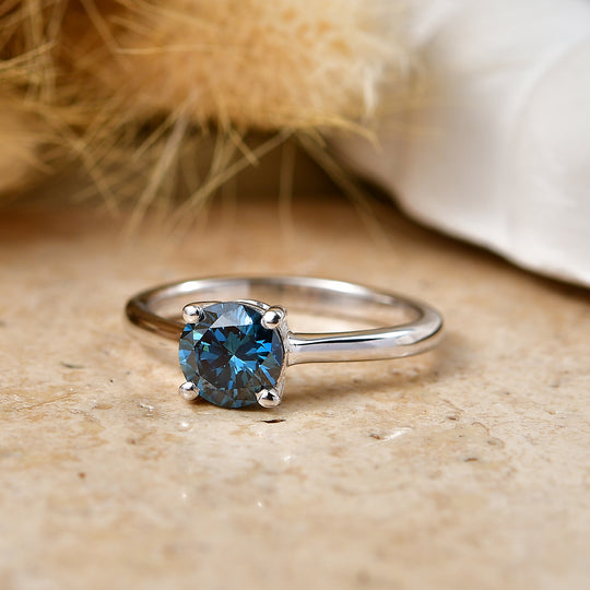 LUXURIANT SI-GH Labor blauer Diamant Solitär Ring, 925 Silber rhodiniert - 1,02 ct.