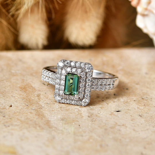 D'Joy AA Pirineu Lagoon Tourmaline, Moissanit AGI zertifiziert Ring 925 Silber Rhodiniert (Größe 20.00) ca. 1,39 ct