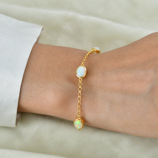 D'Joy AA natürliches, äthiopisches Welo Opal 19+2,5cm Armband, 925 Silber 750 Gelbgold Vermeil - 2,76 ct.