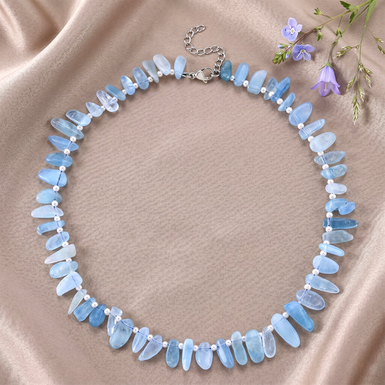 Aquamarin, Weiße Süßwasser Perle (2-3mm) Halskette ca. 45 cm 316L Edelstahl 170.00 ct