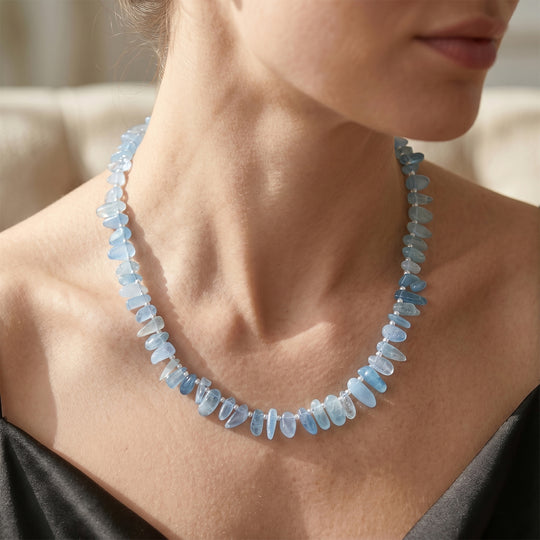 Aquamarin, Weiße Süßwasser Perle (2-3mm) Halskette ca. 45 cm 316L Edelstahl 170.00 ct